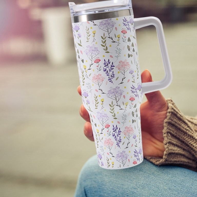 Cana termos din plastic, pentru bauturi calde si reci, cu maner, imprimeu floral,  alb, 10x7.6x27.5 cm [3]