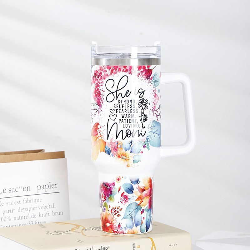 Cana termos din plastic, pentru bauturi calde si reci, cu maner, imprimeu floral, cu mesaj pentru mama, alb, 10x7.6x27.5 cm [8]