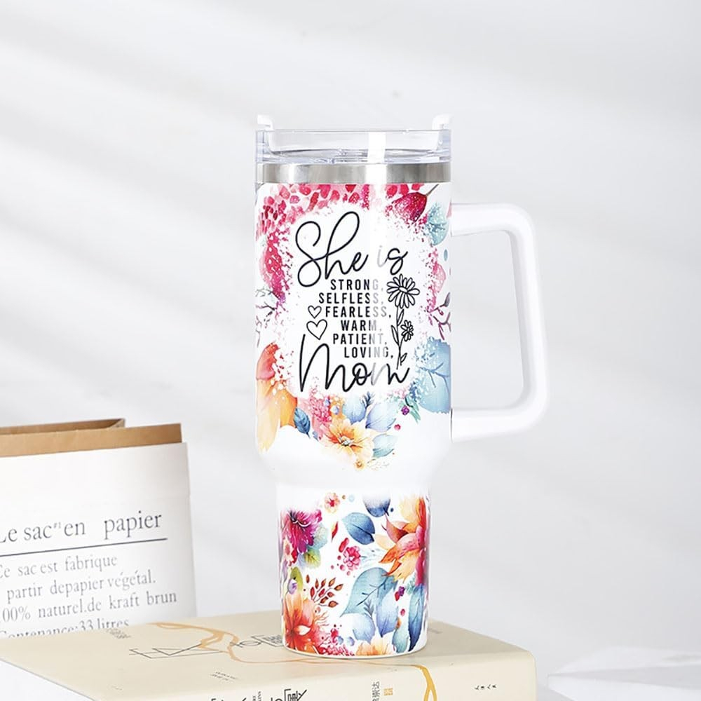 Cana termos din plastic, pentru bauturi calde si reci, cu maner, imprimeu floral, cu mesaj pentru mama, alb, 10x7.6x27.5 cm [7]