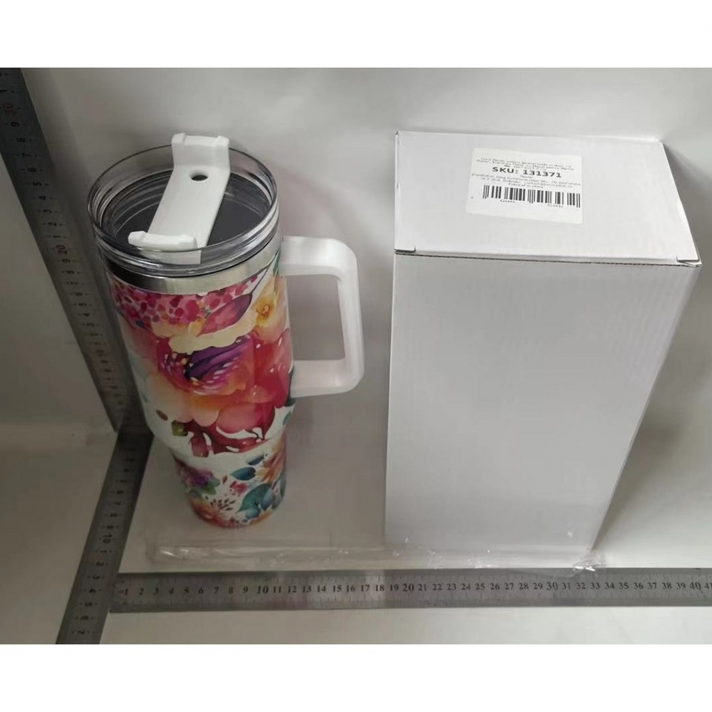 Cana termos din plastic, pentru bauturi calde si reci, cu maner, imprimeu floral, cu mesaj pentru mama, alb, 10x7.6x27.5 cm [2]