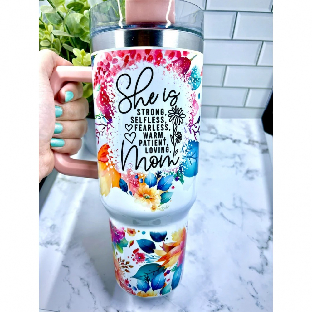 Cana termos din plastic, pentru bauturi calde si reci, cu maner, imprimeu floral, cu mesaj pentru mama, alb, 10x7.6x27.5 cm [4]