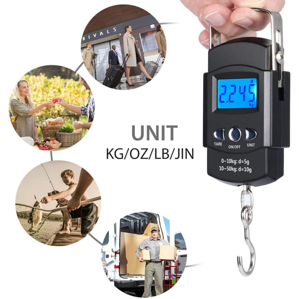 Cantar digital de mana cu carlig, cantar portabil, pescuit, cu maner, capacitate 50 kg, cu metru incorporat, 20.5 x 6 x 2.5 cm, negru [5]