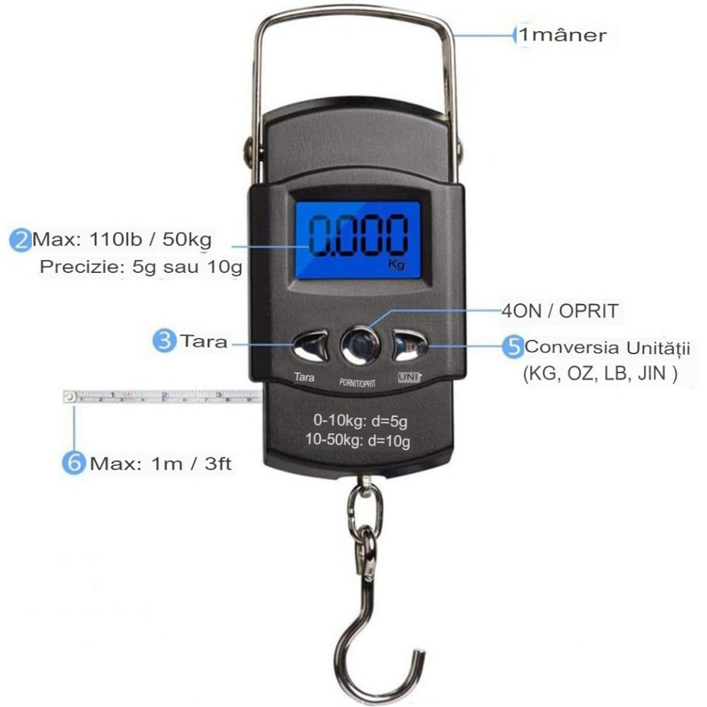 Cantar digital de mana cu carlig, cantar portabil, pescuit, cu maner, capacitate 50 kg, cu metru incorporat, 20.5 x 6 x 2.5 cm, negru [3]