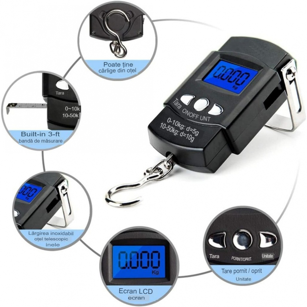 Cantar digital de mana cu carlig, cantar portabil, pescuit, cu maner, capacitate 50 kg, cu metru incorporat, 20.5 x 6 x 2.5 cm, negru [6]