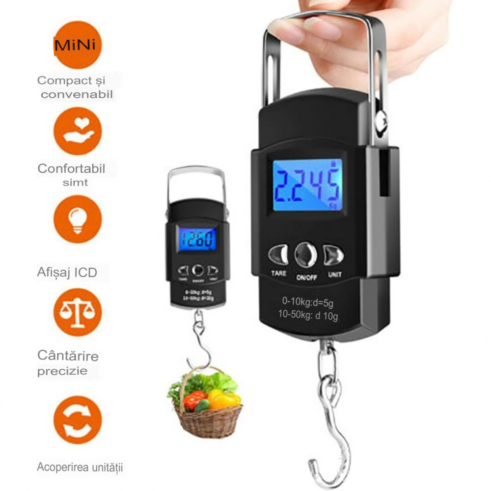 Cantar digital de mana cu carlig, cantar portabil, pescuit, cu maner, capacitate 50 kg, cu metru incorporat, 20.5 x 6 x 2.5 cm, negru [2]
