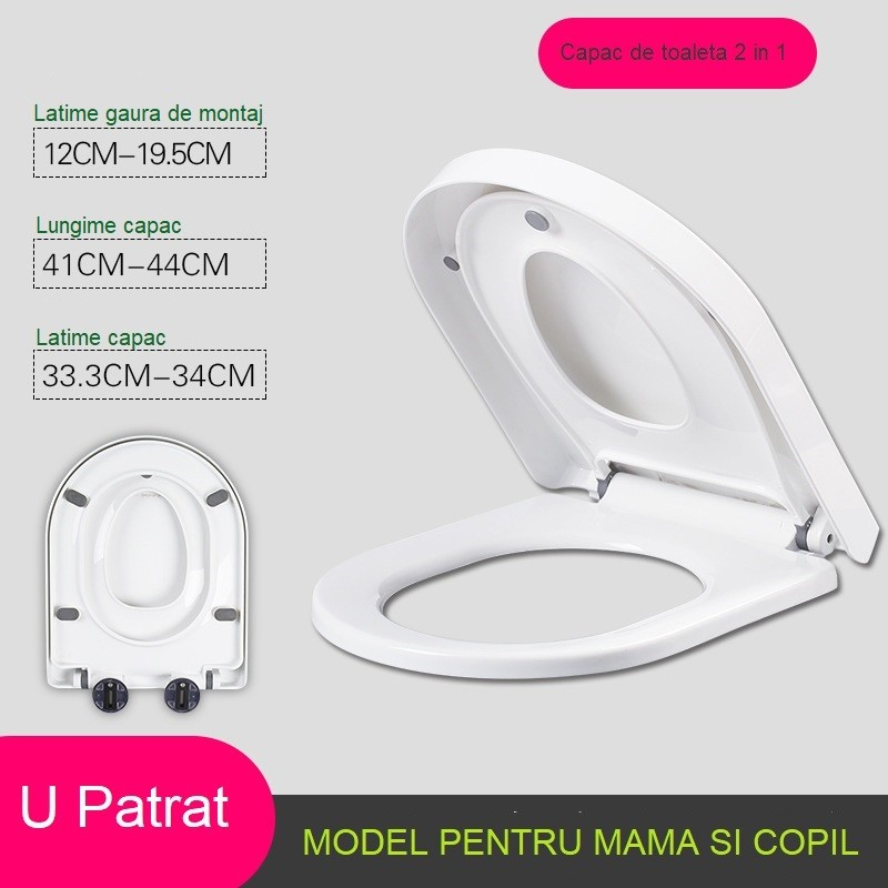 Capac de toaleta cu reductie 2 in 1, pentru copii si adulti, coborare lenta si silentioasa, instalare usoara, din pp5 , in forma de u patrat, alb [3]