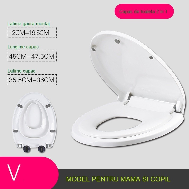 Capac de toaleta cu reductie 2 in 1, pentru copii si adulti, coborare lenta si silentioasa, instalare usoara, din pp5 , in forma de v, alb [3]