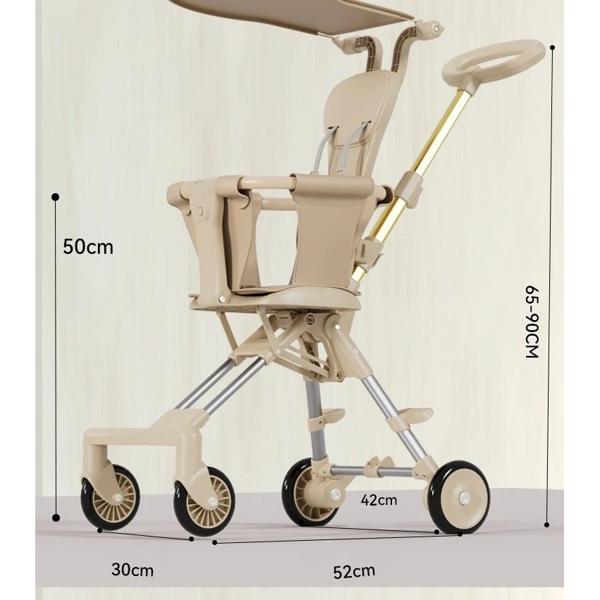 Carucior pliabil, 1-3 ani, reversibil, 4 roti, parasolar, din aliaj de aluminiu + plastic + textil, 52 x 42 x 90 cm, bej [3]
