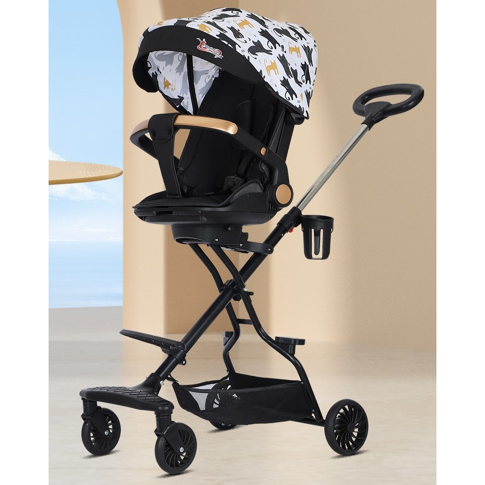 Carucior sport  3in1, 6-36 luni, reversibil, pliabil, tavita pentru masa, pozitie de somn, centura de siguranta, roti 360, suport pahar, copertina pentru soare, 32x63x95cm, negru model pisicute [7]