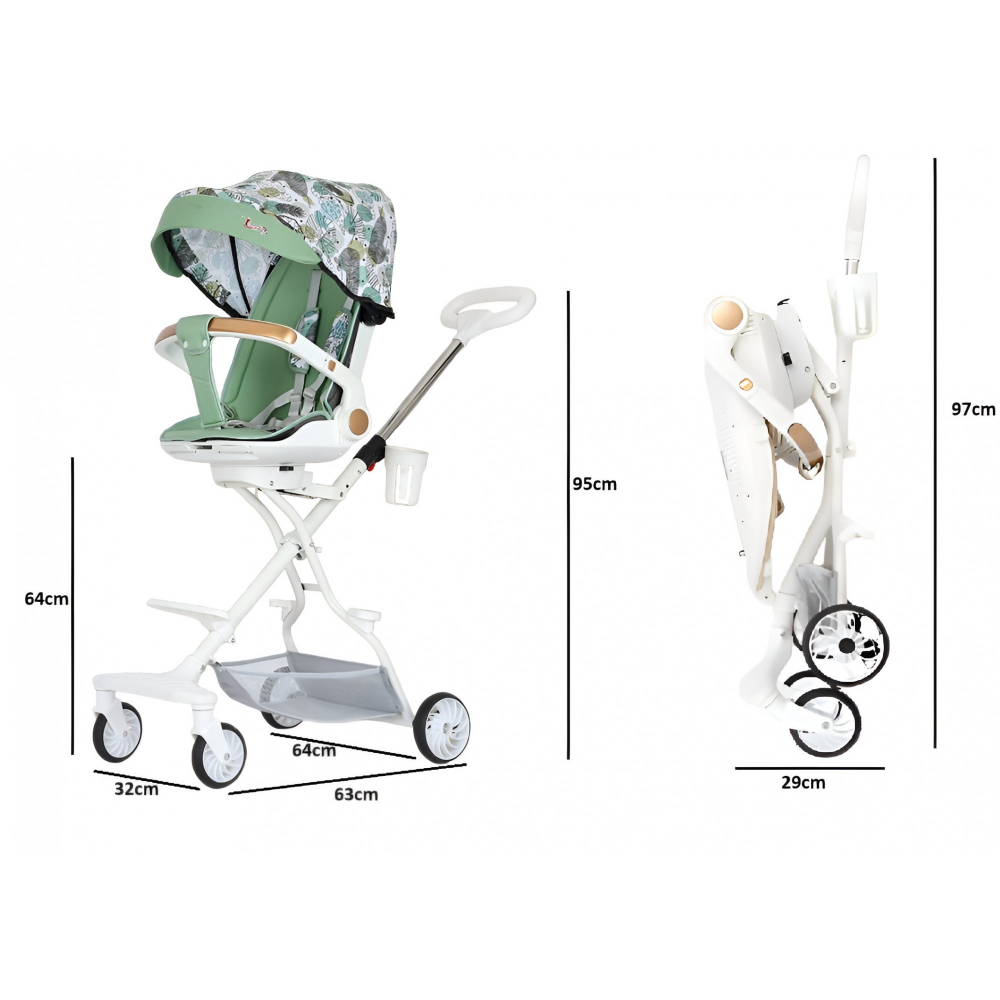 Carucior sport  3in1, 6-36 luni, reversibil, pliabil, tavita pentru masa, pozitie de somn, centura de siguranta, roti 360, suport pahar, copertina pentru soare, 32x63x95cm, verde model frunze [8]