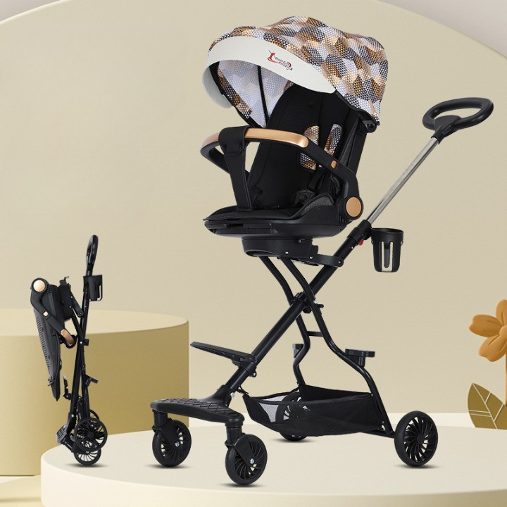 Carucior sport  3in1, 6-36 luni, reversibil, pliabil, tavita pentru masa, pozitie de somn, centura de siguranta, roti 360, suport pahar, copertina pentru soare, 32x63x95cm, maro model carouri [2]