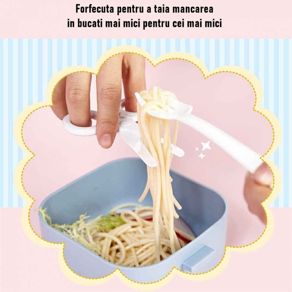 Caserola pentru copii  lunch box, 750 ml, doua boluri, lingura, foarfeca din plastic, rezistenta la scurgeri, albastra [5]