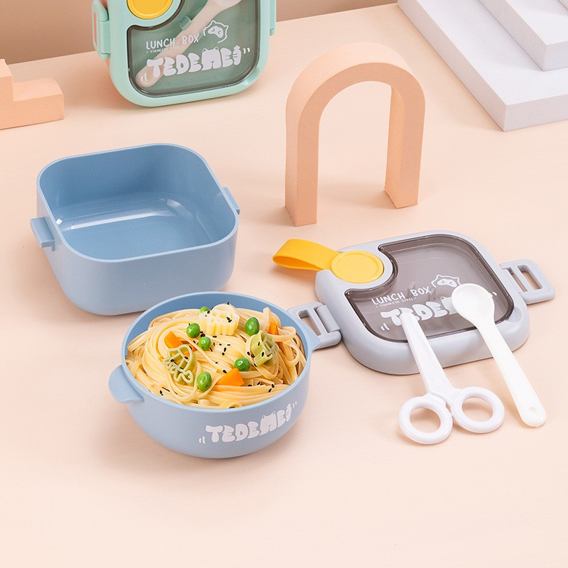 Caserola pentru copii  lunch box, 750 ml, doua boluri, lingura, foarfeca din plastic, rezistenta la scurgeri, albastra [9]