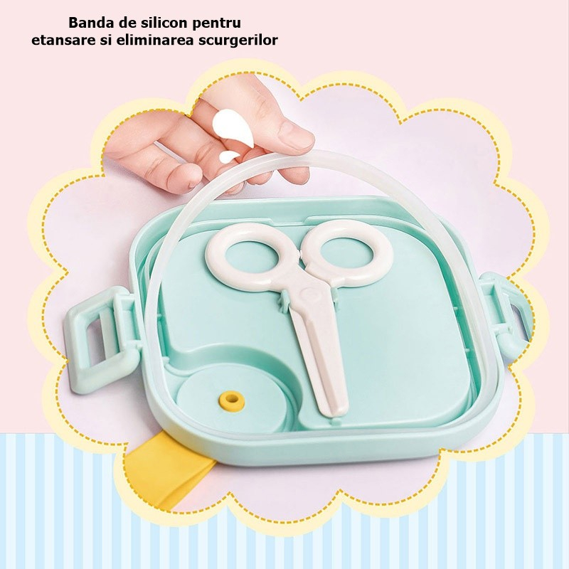 Caserola pentru copii  lunch box, 750 ml, doua boluri, lingura, foarfeca din plastic, rezistenta la scurgeri, albastra [10]
