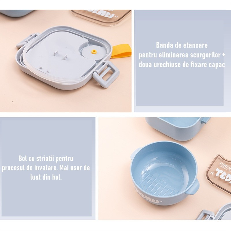 Caserola pentru copii  lunch box, 750 ml, doua boluri, lingura, foarfeca din plastic, rezistenta la scurgeri, albastra [6]
