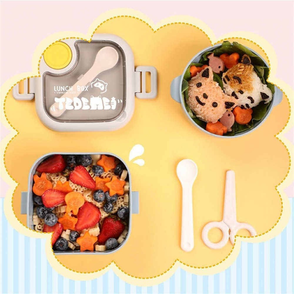 Caserola pentru copii  lunch box, 750 ml, doua boluri, lingura, foarfeca din plastic, rezistenta la scurgeri, albastra [8]