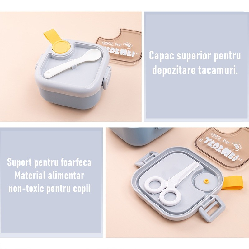 Caserola pentru copii  lunch box, 750 ml, doua boluri, lingura, foarfeca din plastic, rezistenta la scurgeri, albastra [7]