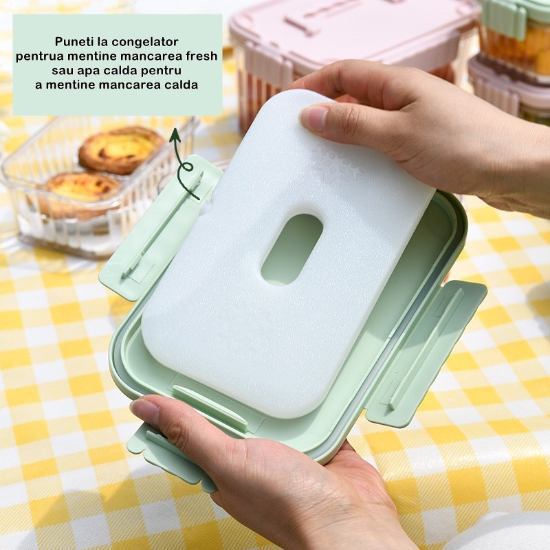 Caserola portabila pentru mancare fresh  1500 ml, 2 furculite,10 x 13.5 x 20 cm, 2 capace detasabile pentru congelator, etans, spatiu pentru tacamuri, maner, material plastic, rezistent la temperaturi ridicate, transparent [3]