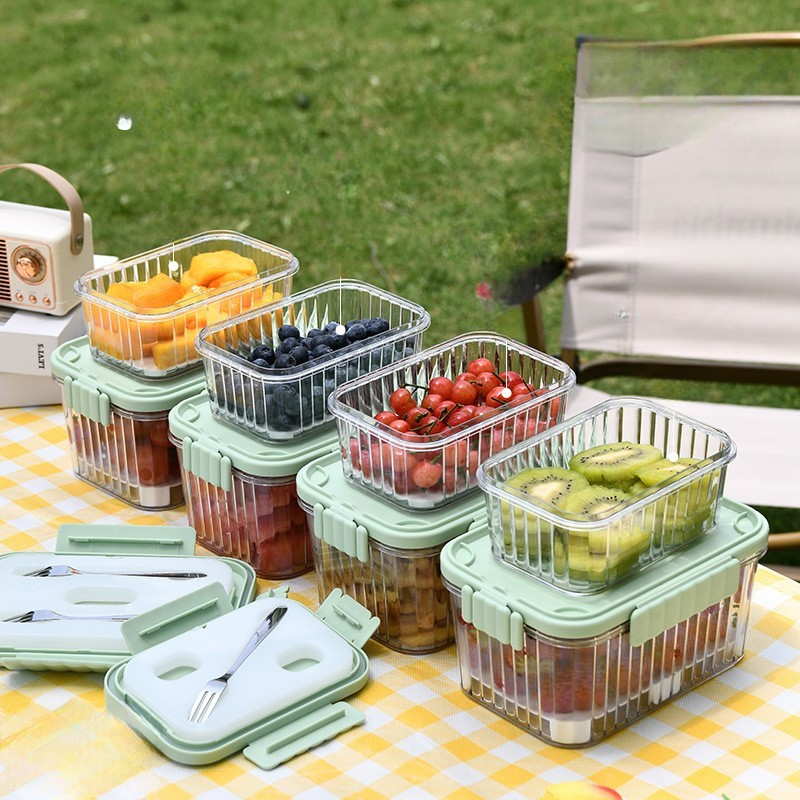 Caserola portabila pentru mancare fresh  550 ml, furculita pentru fructe, 7 x 11.5 x 16 cm, capac detasabil pentru congelator, etans, spatiu pentru tacamuri, maner, material plastic, rezistent la temperaturi ridicate, transparent [2]