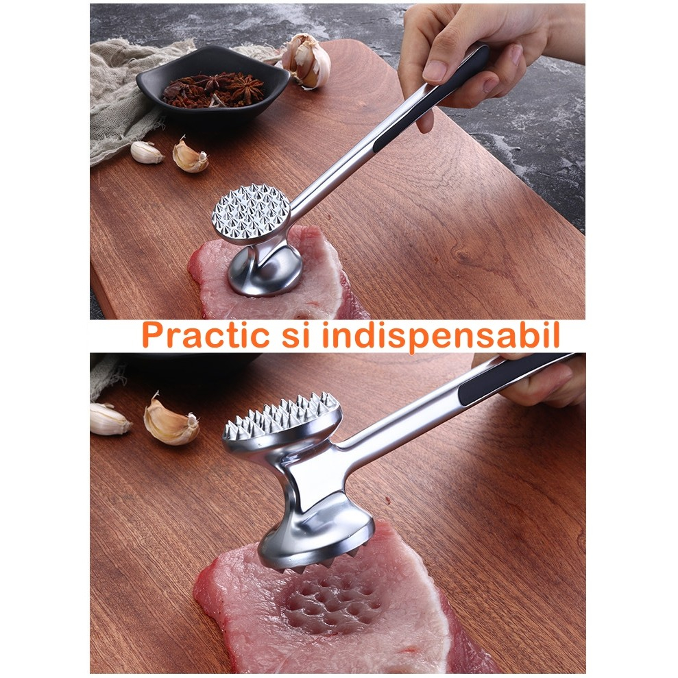 Ciocan pentru snitele si carne  din aliaj de zinc, maner antialunecare, doua capete, 22 cm, argintiu [2]