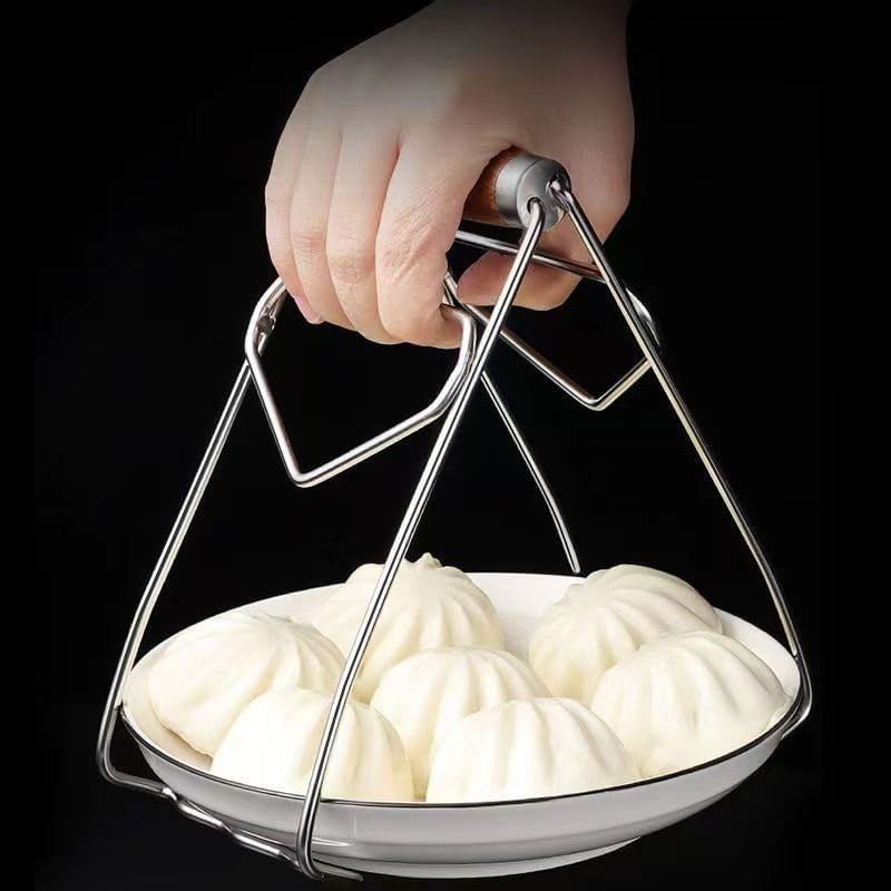 Clema pentru boluri, anti-alunecare, din otel inoxidabil, extindere, pentru oale, tigai, de uz casnic, rezistent la temperaturi inalte, 19.5x9.8x8 cm, maner maro, gri [4]