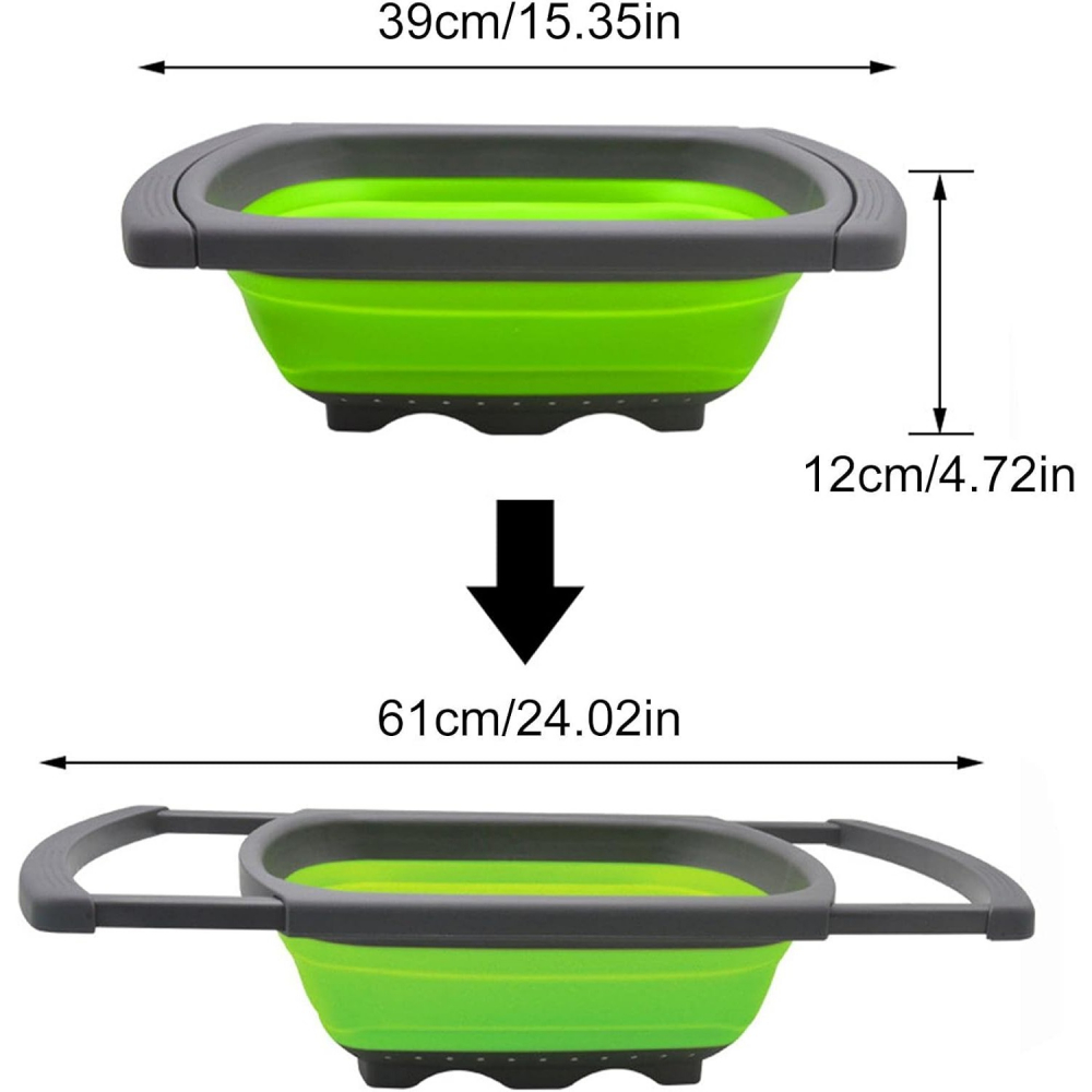 Cos de scurgere retractabil pentru chiuveta, cu filtru, pentru fructe si legume, de uz casnic, 39x12 cm, design extensibil pana la 61 cm, cu manere de prindere, verde [5]