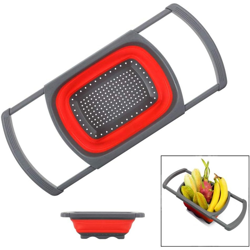 Cos de scurgere retractabil pentru chiuveta, cu filtru, pentru fructe si legume, de uz casnic, 39x12 cm, design extensibil pana la 61 cm, cu manere de prindere, rosu [10]