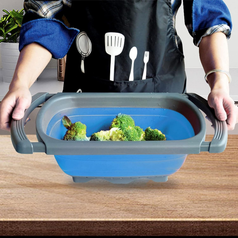 Cos de scurgere retractabil pentru chiuveta, cu filtru, pentru fructe si legume, de uz casnic, 39x12 cm, design extensibil pana la 61 cm, cu manere de prindere, albastru [4]