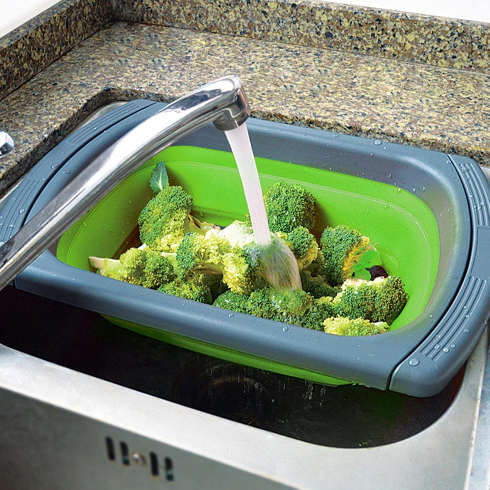 Cos de scurgere retractabil pentru chiuveta, cu filtru, pentru fructe si legume, de uz casnic, 39x12 cm, design extensibil pana la 61 cm, cu manere de prindere, verde [7]