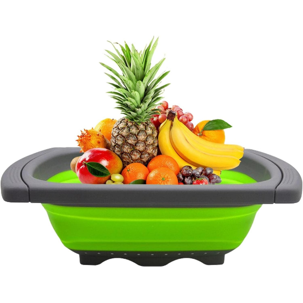 Cos de scurgere retractabil pentru chiuveta, cu filtru, pentru fructe si legume, de uz casnic, 39x12 cm, design extensibil pana la 61 cm, cu manere de prindere, verde [3]