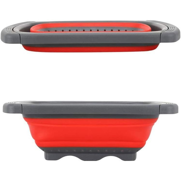 Cos de scurgere retractabil pentru chiuveta, cu filtru, pentru fructe si legume, de uz casnic, 39x12 cm, design extensibil pana la 61 cm, cu manere de prindere, rosu [9]