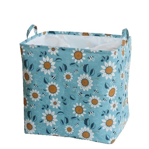 Cos depozitare, capac cu snur, 175 l, confectionat din bumbac si un strat impermeabil, 50 x 50 x 70 cm, albastru deschis, imprimeu flori [2]