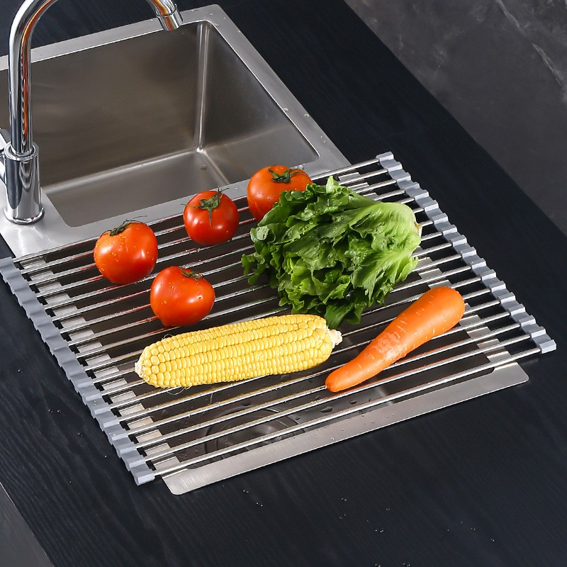 Covoras de scurgere pentru chiuveta bucatarie, din otel inoxidabil, suport chiuveta, pliabil, antiderapant, usor de curatat si de depozitat, 37x30cm, 15 tuburi, gri [3]