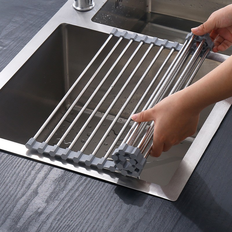 Covoras de scurgere pentru chiuveta bucatarie, din otel inoxidabil, suport chiuveta, pliabil, antiderapant, usor de curatat si de depozitat, 37x30cm, 15 tuburi, gri [5]