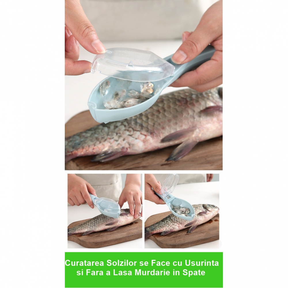 Curatator manual solzi de peste, forma peste , recipient cu capcac pentru solzi, plastic, albastru deschis, 16x6 cm [2]