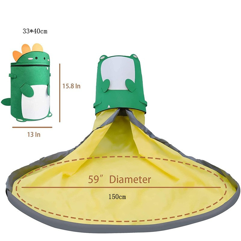 Cutie de depozitare 2in1, impermeabila, covor pentru jucarii si lego 150cm, capacitate mare, cu manere, cu sfori, inaltime 40cm, model dinozaur, verde [3]