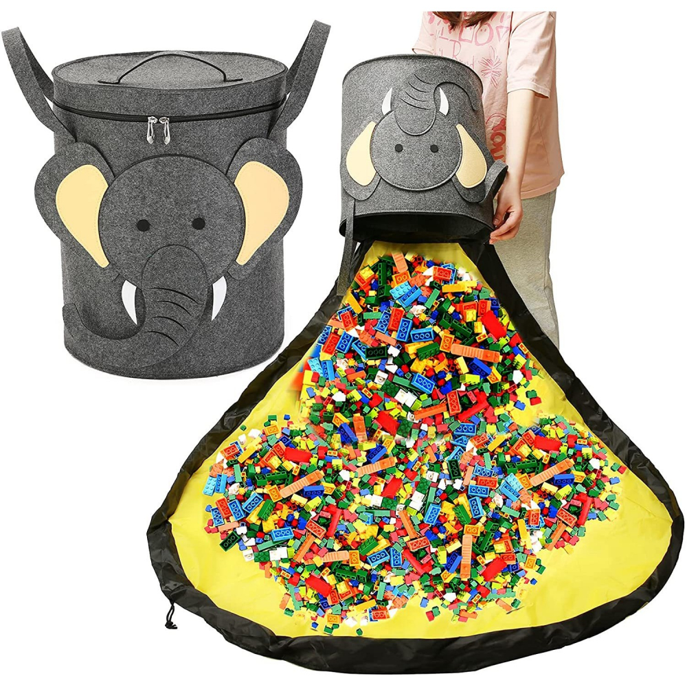 Cutie de depozitare 2in1, impermeabila, covor pentru jucarii si lego 150cm, capacitate mare, cu manere, cu sfori, inaltime 40cm, model elefan, gri [3]