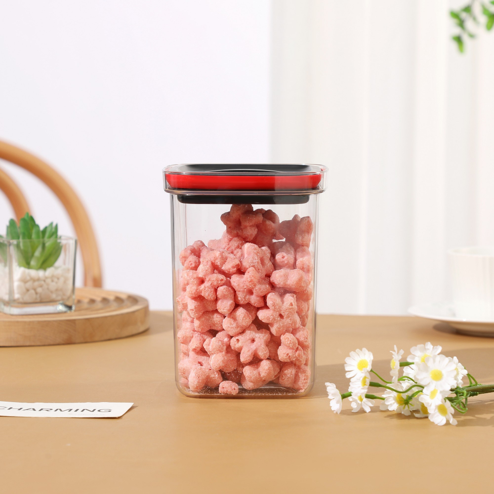 Cutie de depozitare alimente, cutie de tip container, recipient pentru cereale in bucatarie, 11.5 x 11.5 x 15 cm, volum 1200 ml, transparenta cu capac negru [3]