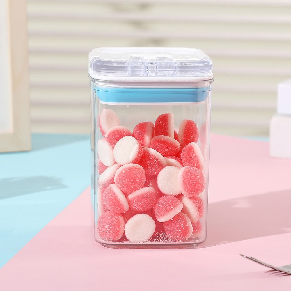 Cutie de depozitare alimente, tip container, 0.8l, 10x10x15.5 cm, recipiente pentru cereale in bucatarie,  transparente cu capac alb-albastru [3]