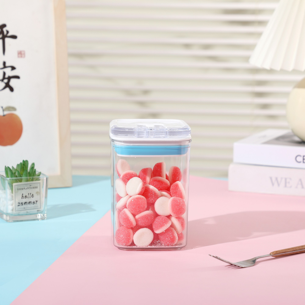 Cutie de depozitare alimente, tip container, 0.8l, 10x10x15.5 cm, recipiente pentru cereale in bucatarie,  transparente cu capac alb-albastru [2]