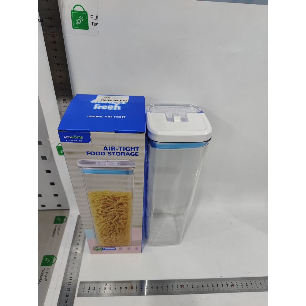 Cutie de depozitare alimente, tip container, 1.9l, 10x10x30.5 cm, recipiente pentru cereale in bucatarie,  transparente cu capac alb-albastru [3]