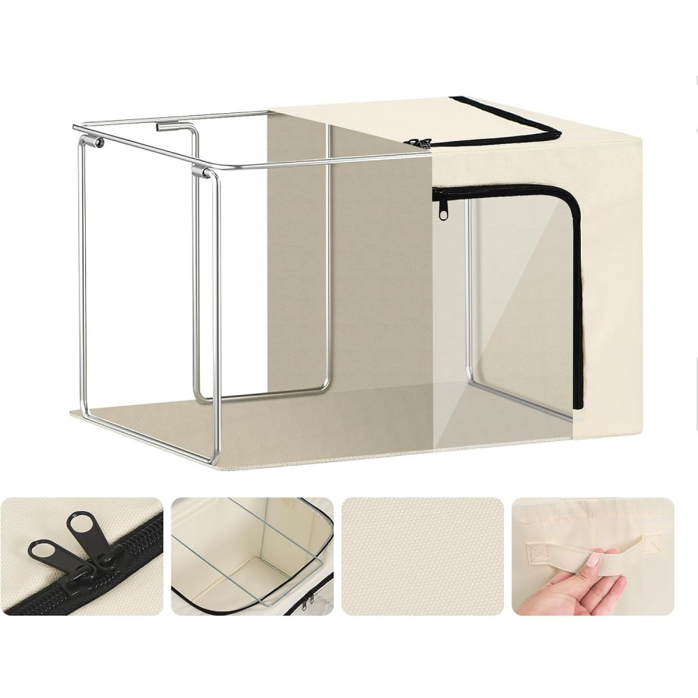 Cutie de depozitare, cu 3 ferestre cu fermoar bidirectional, cadru din otel, impermeabil, 38l, 42 x 30 x 30 cm, bej [5]