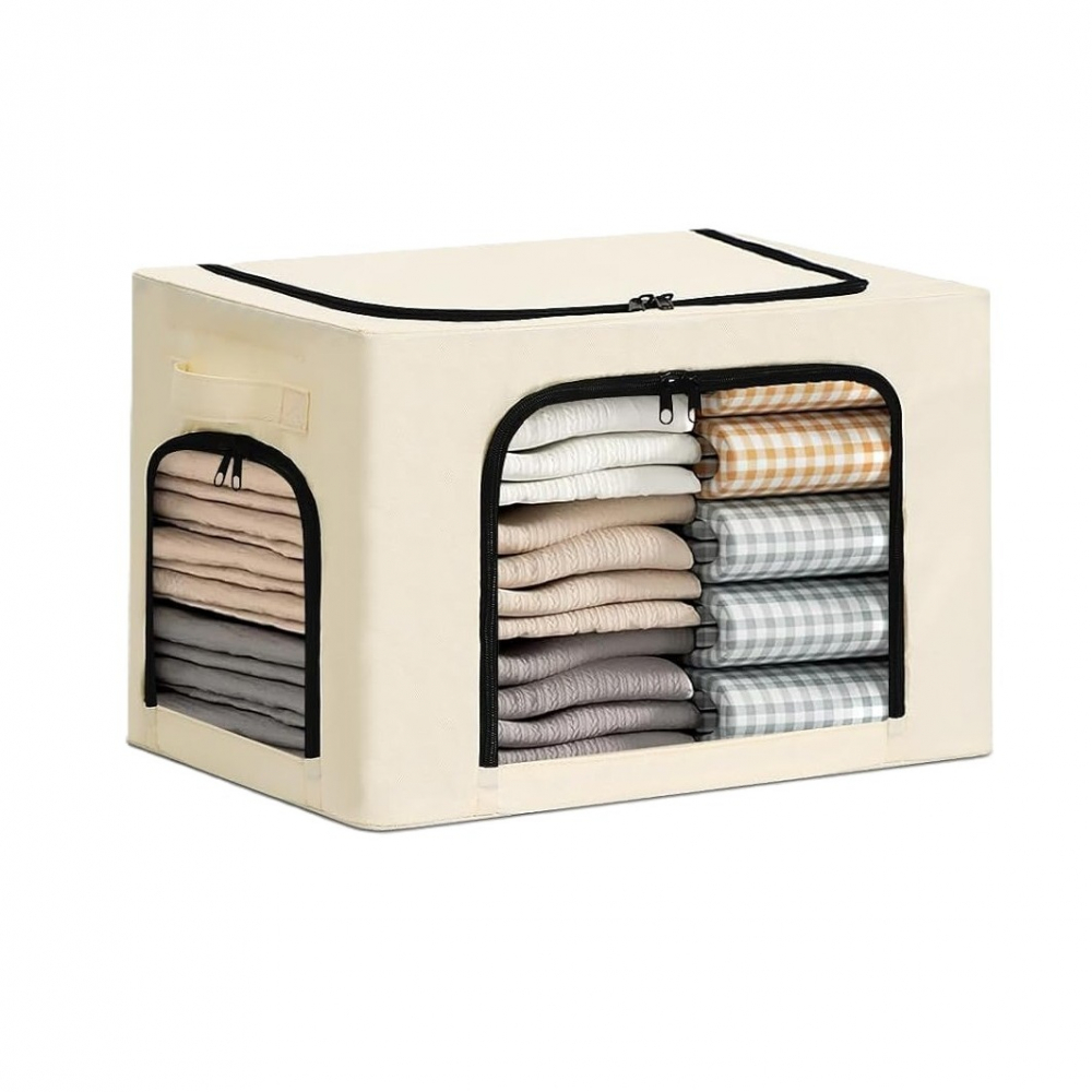 Cutie de depozitare, cu 3 ferestre cu fermoar bidirectional, cadru din otel, impermeabil, 38l, 42 x 30 x 30 cm, bej [1]