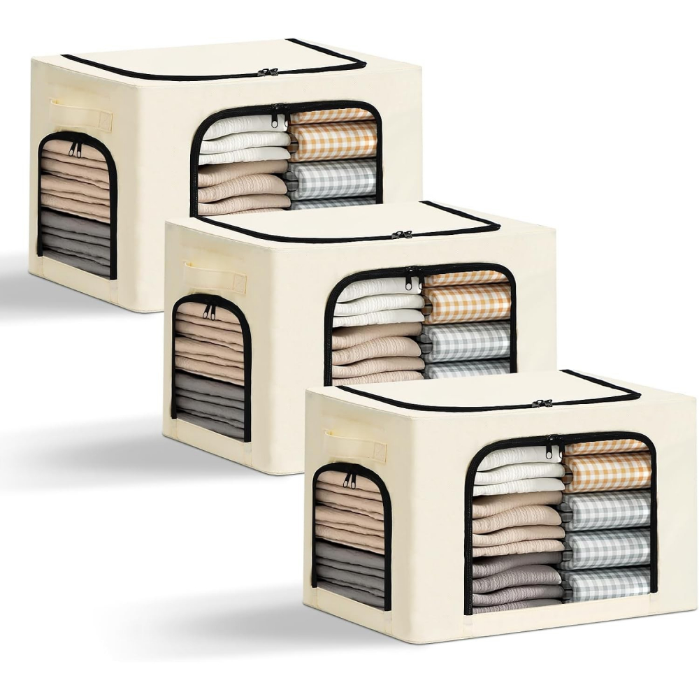 Cutie de depozitare, cu 3 ferestre cu fermoar bidirectional, cadru din otel, impermeabil, 38l, 42 x 30 x 30 cm, bej [2]