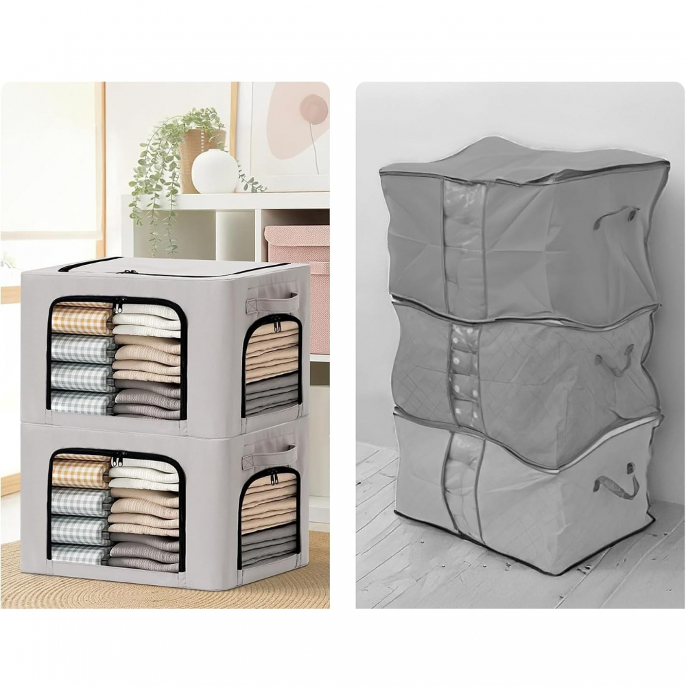 Cutie de depozitare, cu 3 ferestre cu fermoar bidirectional, cadru din otel, impermeabil, 38l, 42 x 30 x 30 cm, gri [5]