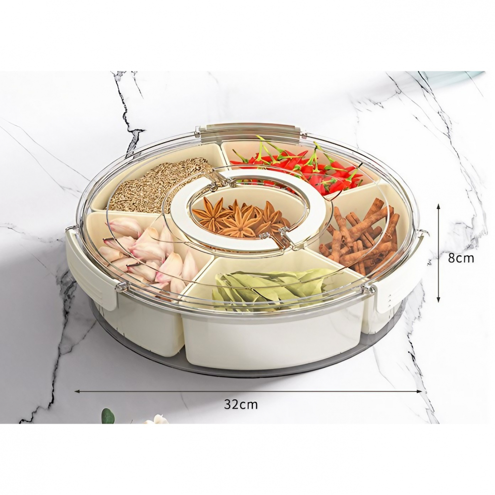 Cutie de depozitare pentru alimente, cu 6 compartimente, pentru condimente, fructe, legume, cu manere de prindere, rotativa 360 de grade, inchidere ermetica, 32x8 cm, alba [17]