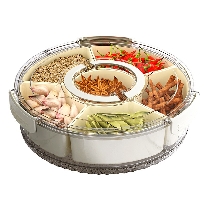Cutie de depozitare pentru alimente, cu 6 compartimente, pentru condimente, fructe, legume, cu manere de prindere, rotativa 360 de grade, inchidere ermetica, 32x10 cm, alba [1]