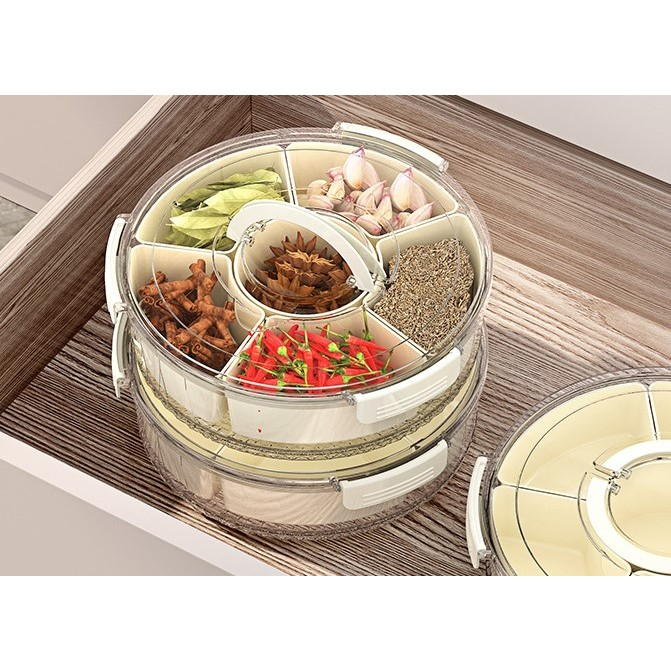 Cutie de depozitare pentru alimente, cu 6 compartimente, pentru condimente, fructe, legume, cu manere de prindere, rotativa 360 de grade, inchidere ermetica, 32x8 cm, alba [8]