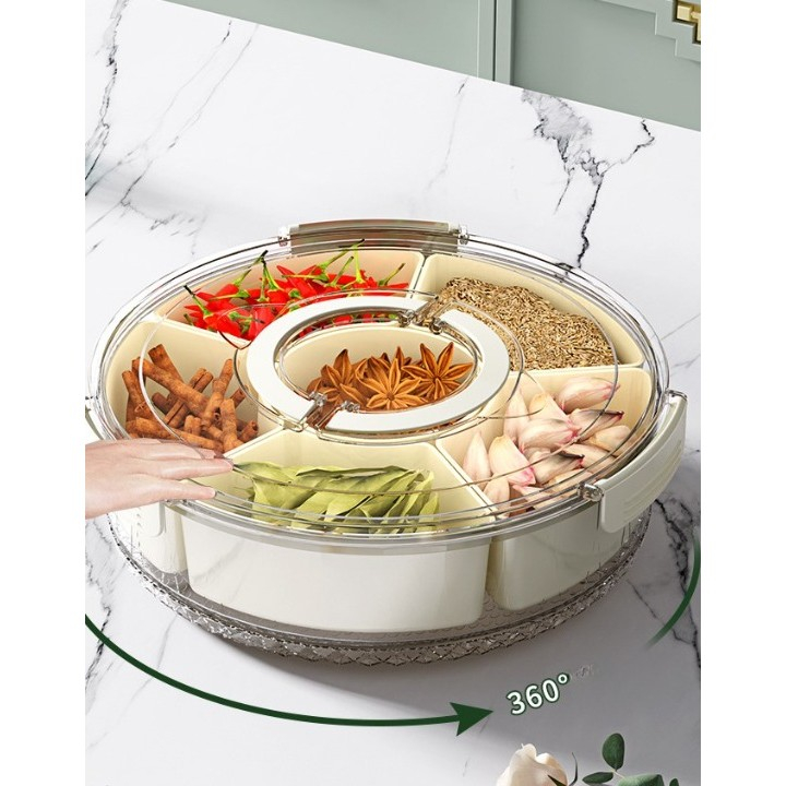 Cutie de depozitare pentru alimente, cu 6 compartimente, pentru condimente, fructe, legume, cu manere de prindere, rotativa 360 de grade, inchidere ermetica, 32x10 cm, alba [5]