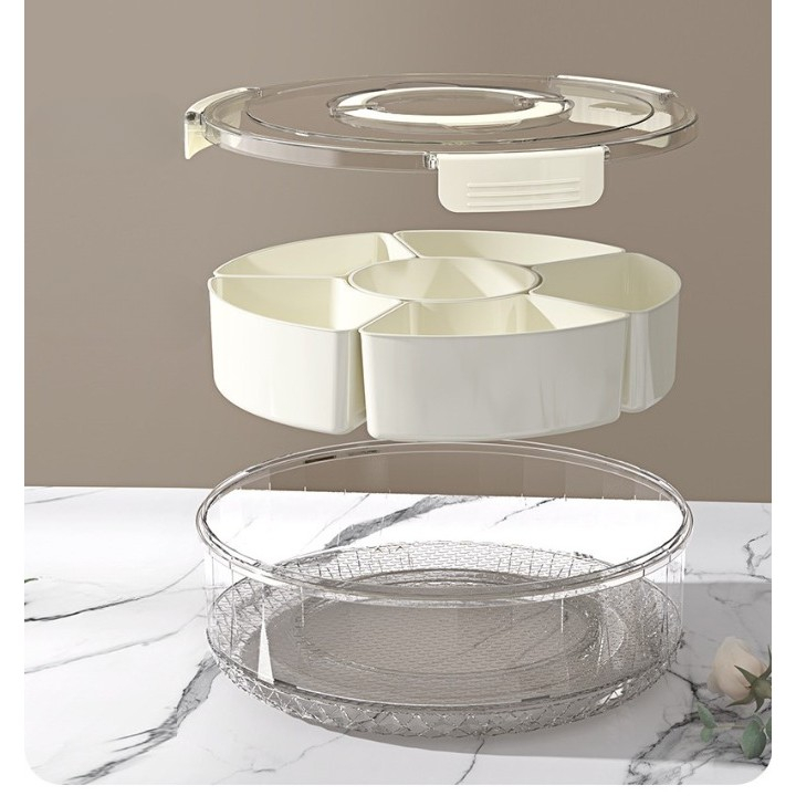 Cutie de depozitare pentru alimente, cu 6 compartimente, pentru condimente, fructe, legume, cu manere de prindere, rotativa 360 de grade, inchidere ermetica, 32x10 cm, alba [6]